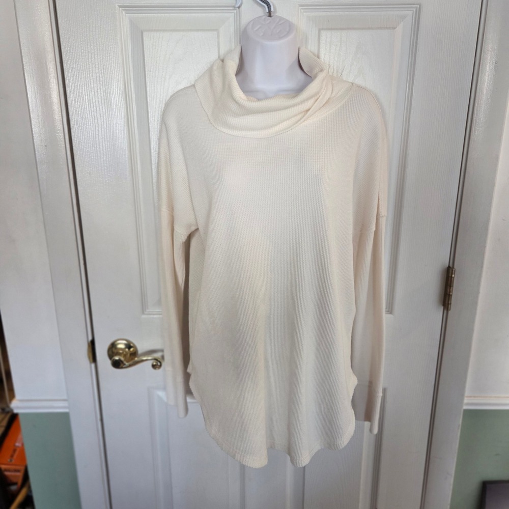 Maeve Anthropologie M Cream Waffle Knit Cowl Neck Tunic Top Ivory Oversized Boho